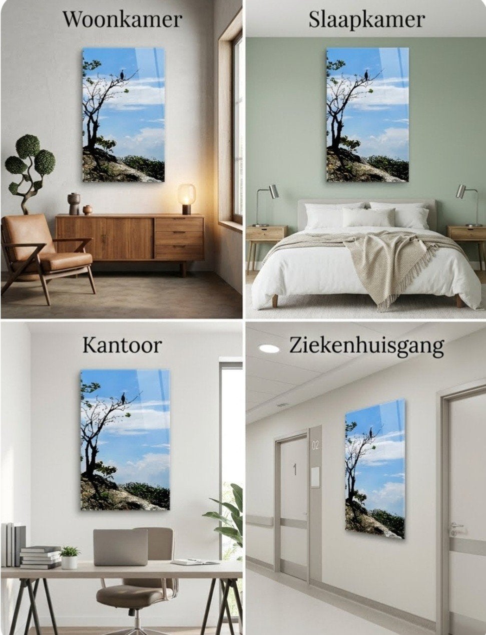 Luxe Wanddecoratie Canvas of Plexiglas-Natuursilhouet, Huis en Inrichting, Verzenden, Nieuw, Schilderij