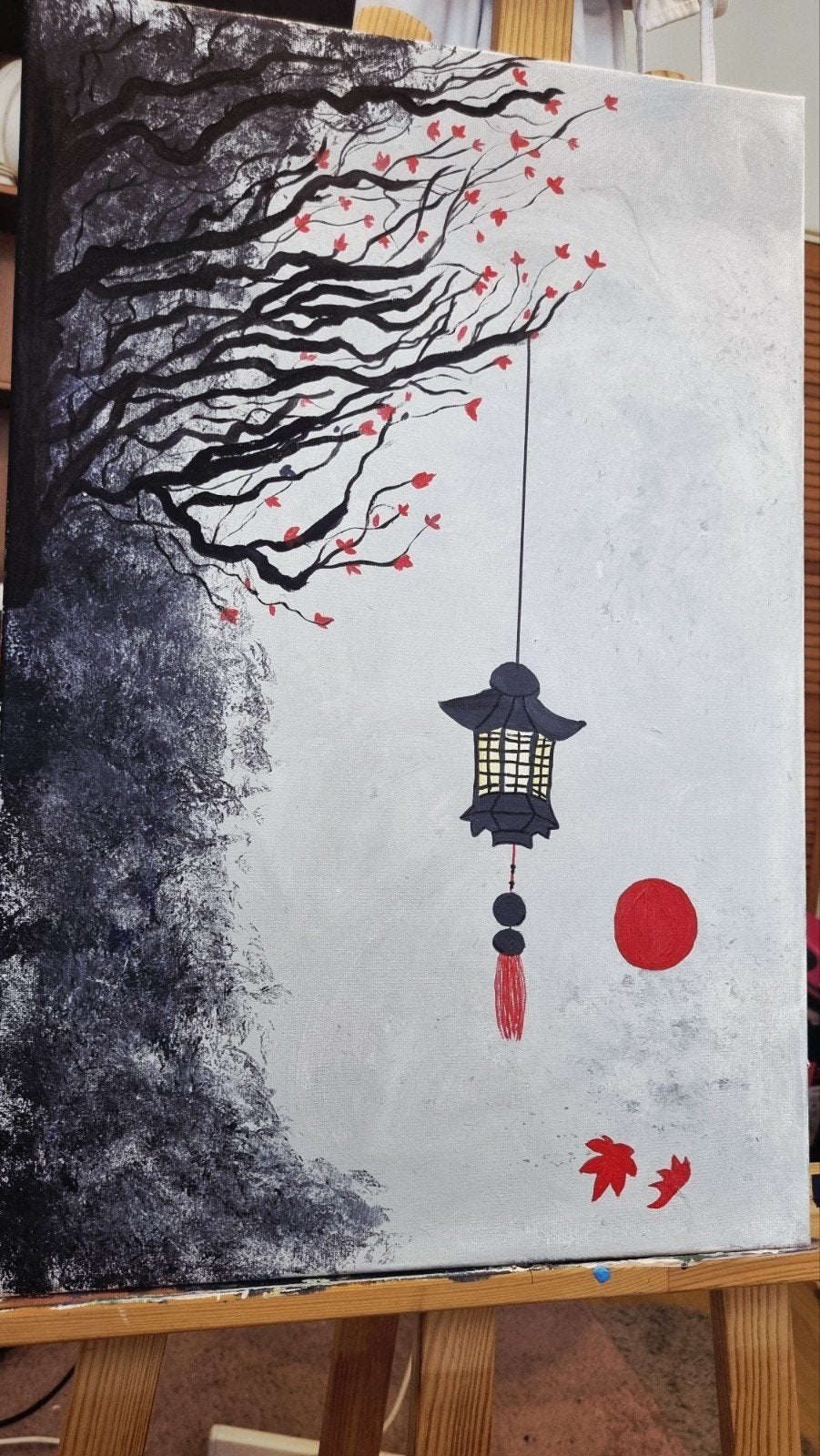 Schilderij met Japanse lantaarn en herfstbladeren, Ophalen of Verzenden