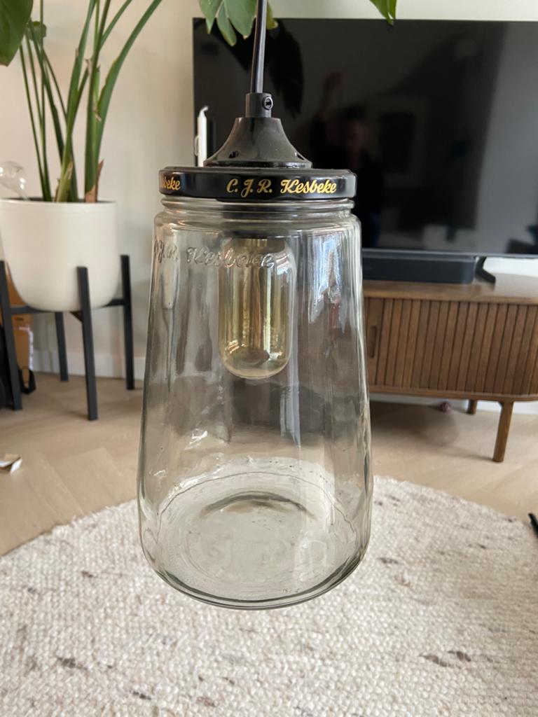 Unieke glazen pot lamp Kesbeke - Vintage stijl, Ophalen, Zo goed als nieuw