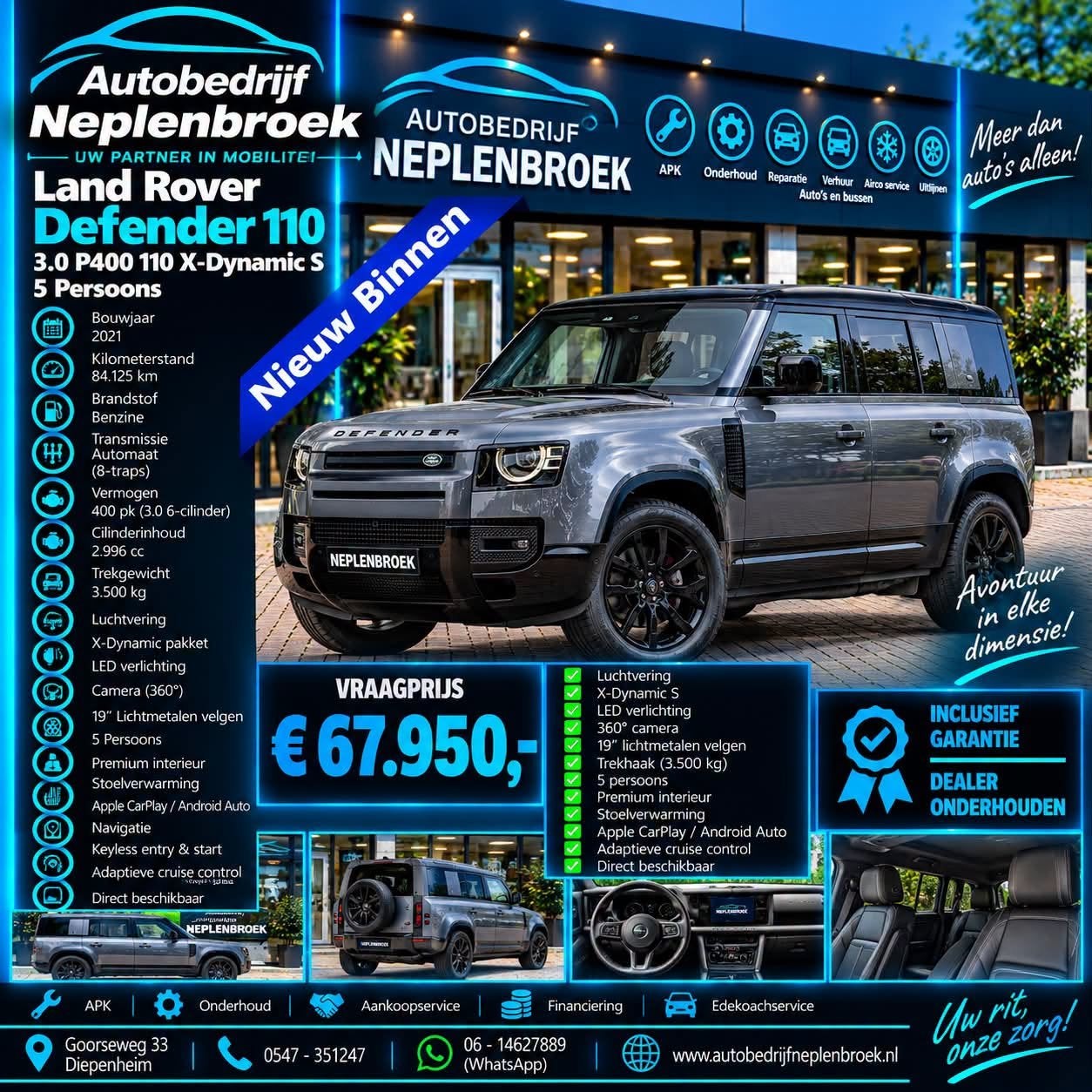 Land Rover Defender 110 3.0 P400 110 X-Dynamic S 5 Persoons, Auto's, Automaat, Dealer onderhouden, Gebruikt, Blauw