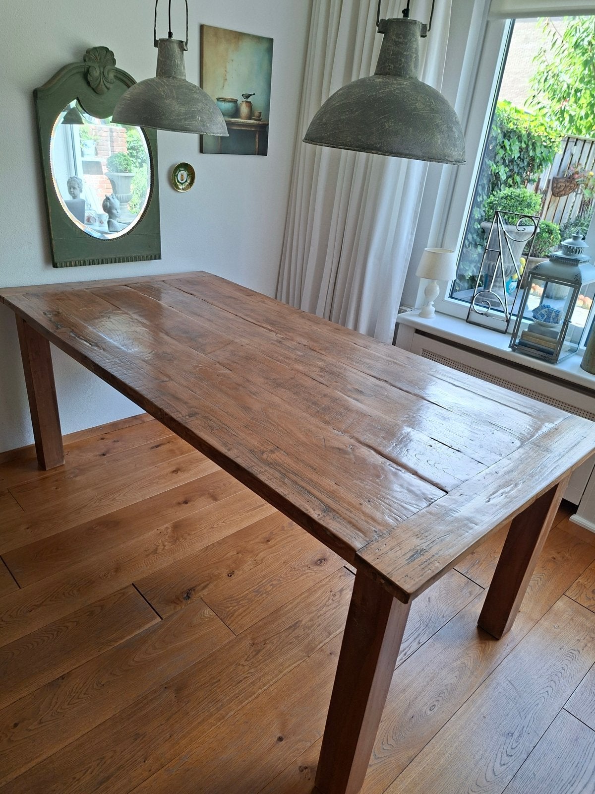 Robuuste houten eettafel van massief teakhout, Ophalen, Gebruikt, Teakhout, 200 cm of meer