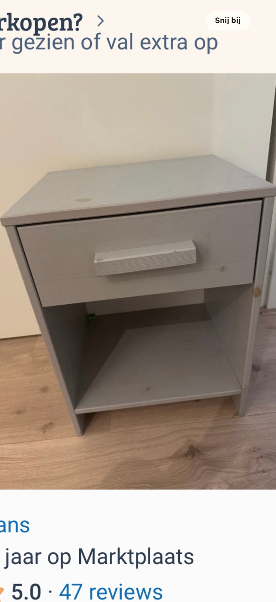 Grijs nachtkastje met lade en open vak, Huis en Inrichting, Slaapkamer | Nachtkastjes, Ophalen, Gebruikt, Minder dan 45 cm, 55 tot 70 cm