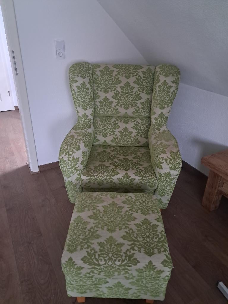 Nog mooie groene, beige oorfauteuil barok met hocker, Huis en Inrichting, Fauteuils, Ophalen, Gebruikt, Barok, 75 tot 100 cm