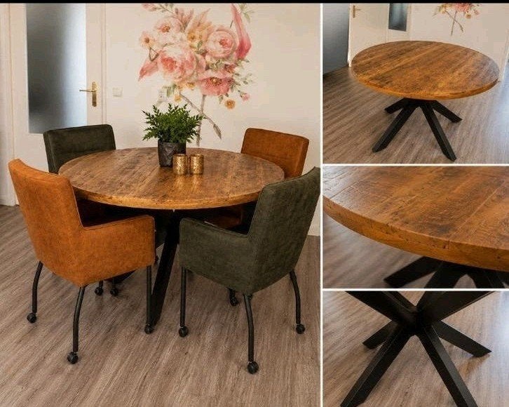 Prachtige industriële ronde eettafel + 4 luxe eetkamerstoele, Huis en Inrichting, Ophalen, Zo goed als nieuw, Rond, 100 tot 150 cm