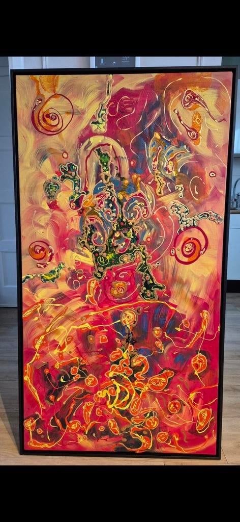Kleurrijke schilderij met zwarte baklijst, Antiek en Kunst, Ophalen of Verzenden