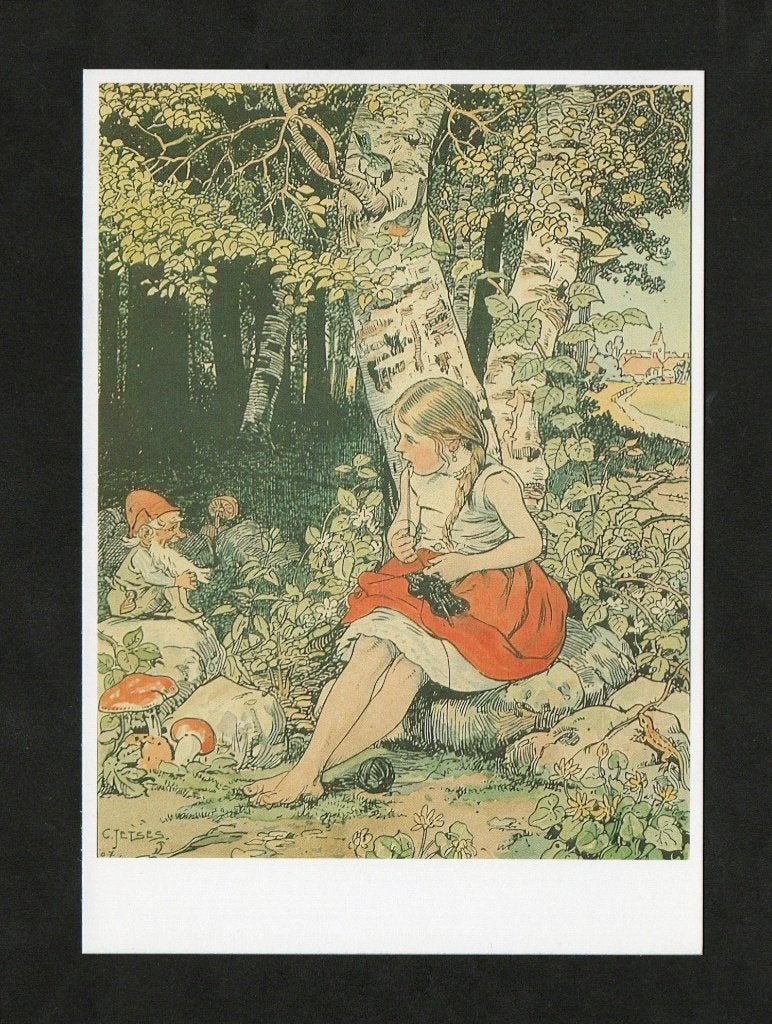 Meisje onder Berkenboom met Kabouter, Cornelis Jetses., Ophalen of Verzenden, 1980 tot heden, Ongelopen, Kinderen