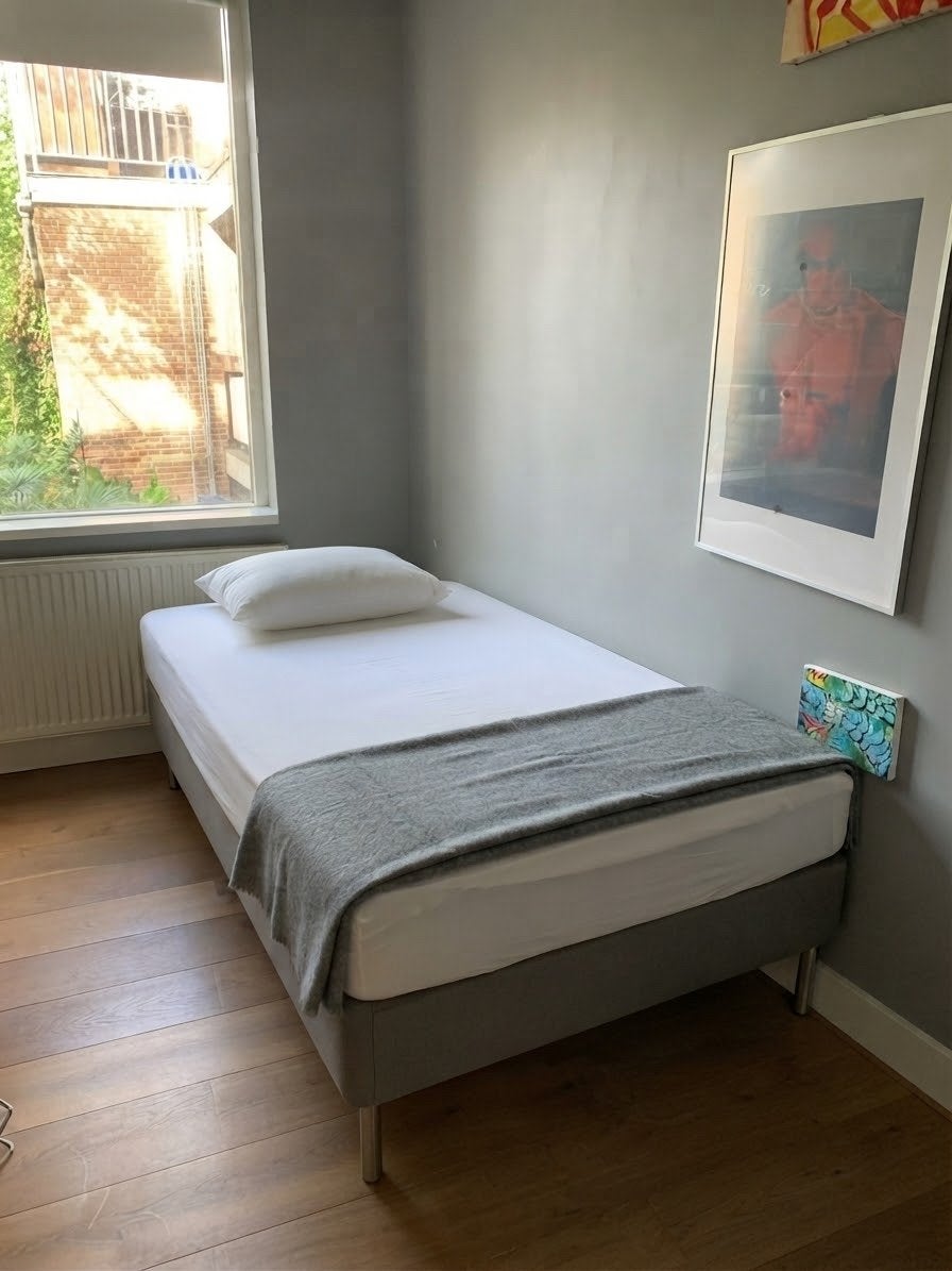 IKEA SÄBÖVIK 1-persoons boxspring / bed (Vissle grijs), Huis en Inrichting, Gebruikt, 90 cm, Eenpersoons, Ophalen of Verzenden