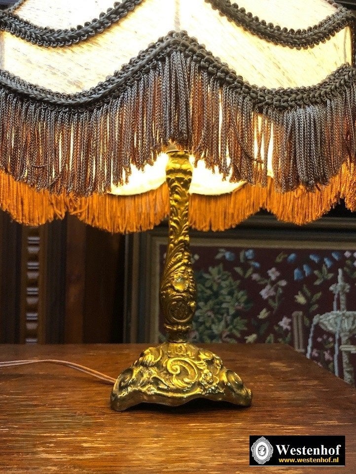 Antieke barok tafellamp klassiek lampenkap met franjes bruin, Antiek en Kunst, Ophalen of Verzenden