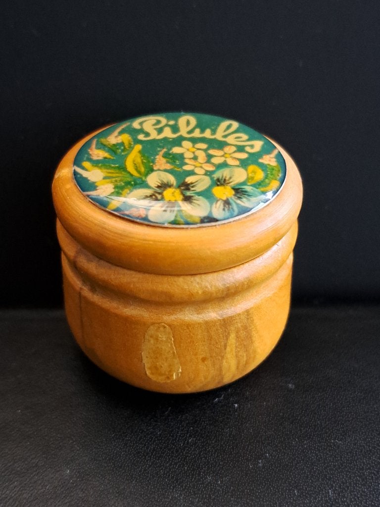 Vintage houten pillendoosje met bloemmotief, Ophalen of Verzenden
