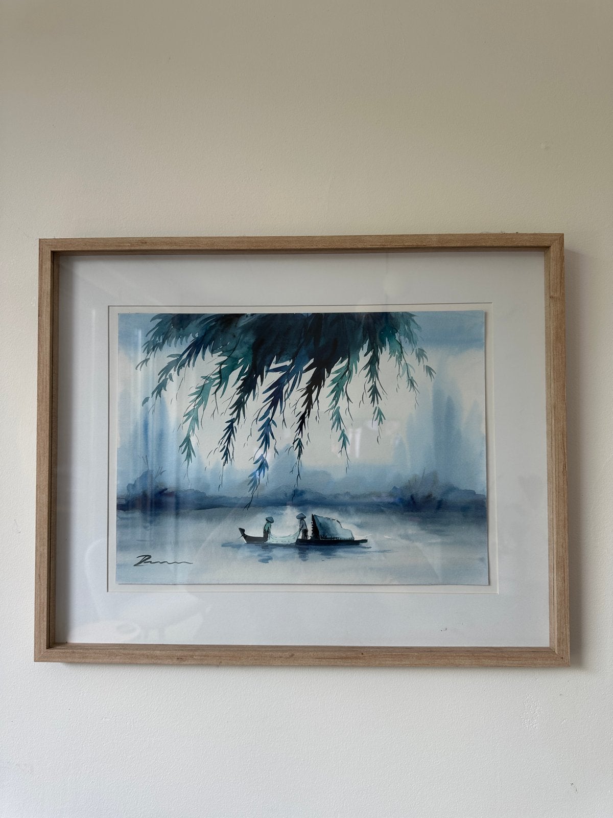 Twee originele aquarel schilderijen in eikenhouten lijsten, Aquarel, Hout, Achter glas, Landschap
