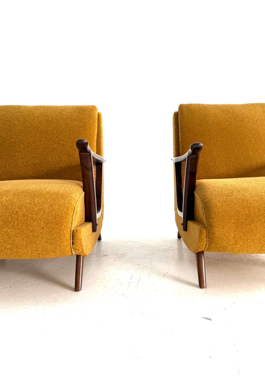 Set van 2 vintage fauteuils, jaren ‘60, Hout, Vintage retro buisframe design rotan webbing papercord deens, 75 tot 100 cm, Ophalen of Verzenden