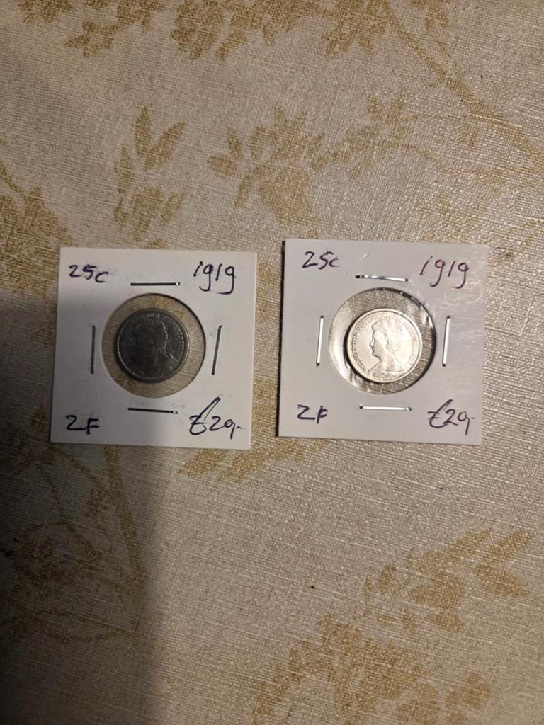 2x Zilveren Kwartje 1919 Koningin Wilhelmina, Ophalen of Verzenden, Koningin Wilhelmina, 25 cent, Zilver