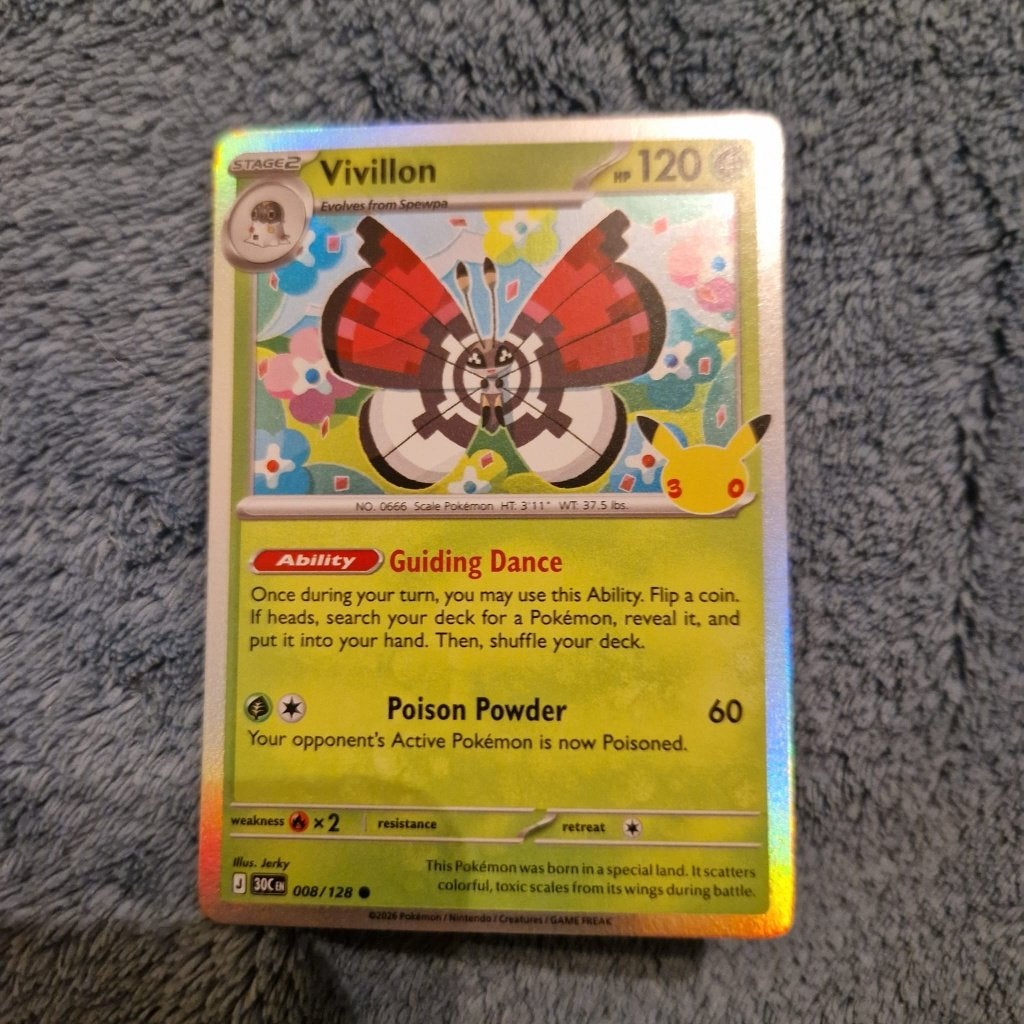 Vivillon 008/128 Pokémon 30th Celebration holo, Ophalen of Verzenden, Zo goed als nieuw, Losse kaart, Foil