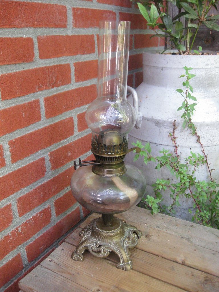 Duplex Olielamp Brenner Glas / Messing Voet, Antiek en Kunst, Antiek | Lampen, Ophalen