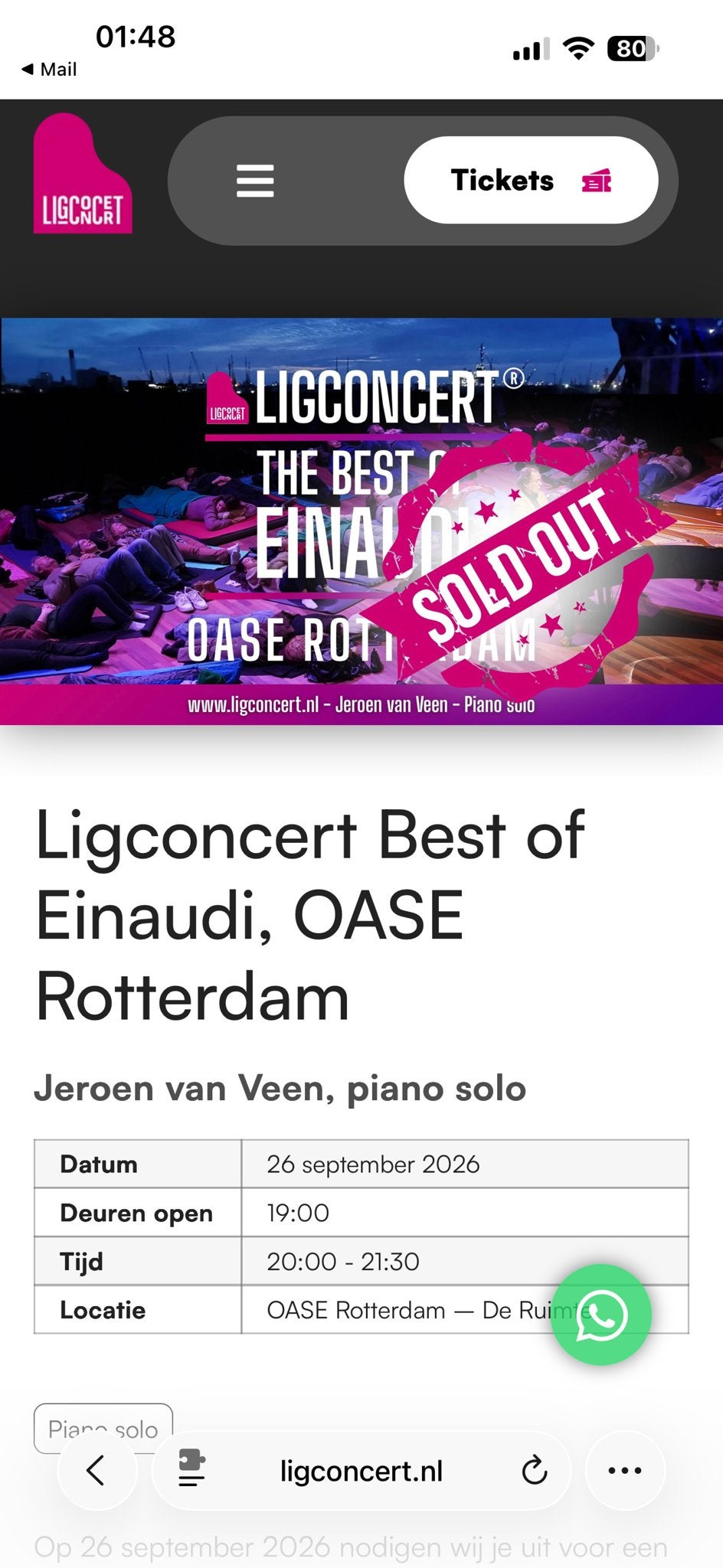 2 kaartjes Ligconcert Best of Einaudi OASE Rotterdam, Twee personen, September