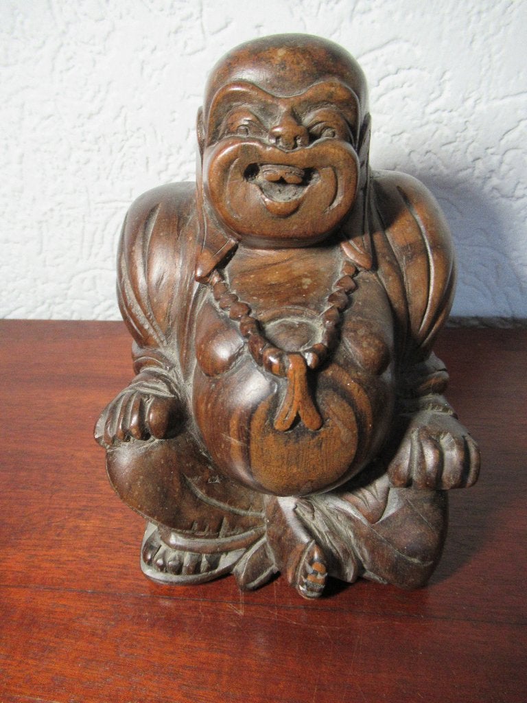 BOEDDHA hout lachende boeddha hoog 16 cm breed 12 cm € 30, Huis en Inrichting, Woonaccessoires | Boeddhabeelden, 16 cm, Ophalen of Verzenden