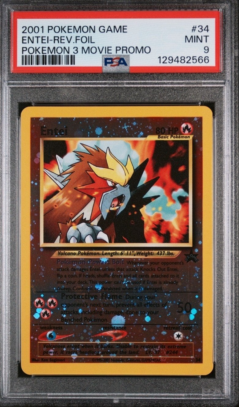 2001 Entei Reverse Holo PSA 9 Movie Promo met Swirl, Ophalen of Verzenden, Nieuw, Foil