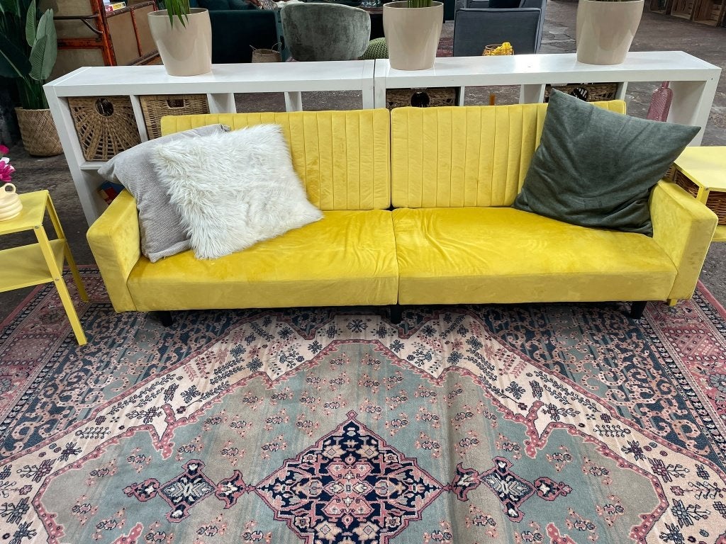 Gele 3 zits bank (slaapbank) - Gratis ophalen/Bieden, Ophalen, Hout, Gebruikt, Driepersoons