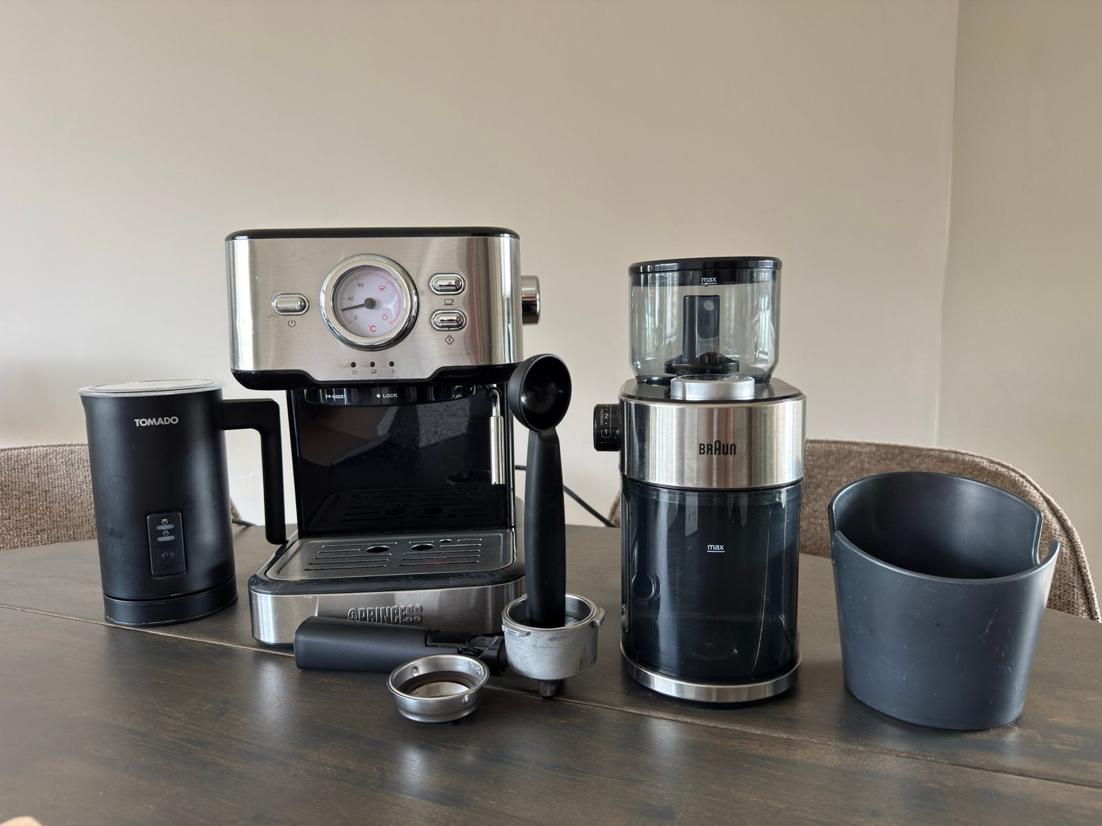 Combi deal: Espressomachine, koffiemolen, melkopschuimer, Witgoed en Apparatuur, Ophalen, Afneembaar waterreservoir, Gebruikt