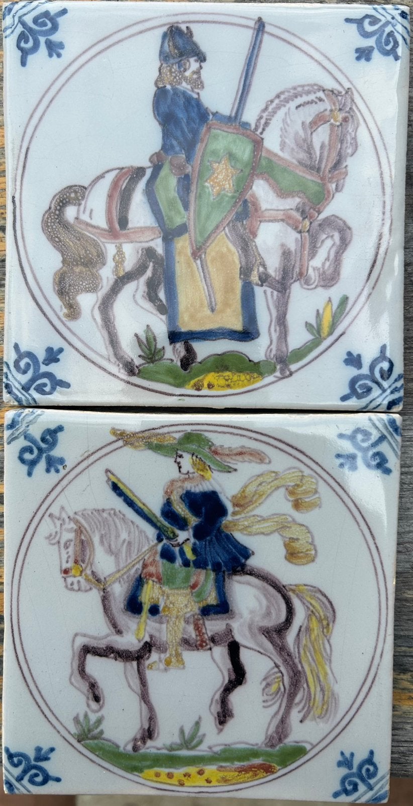 2 puntgave ridder op paard tegeltjes ca13x13cm Tichelaar, Antiek en Kunst, Ophalen of Verzenden