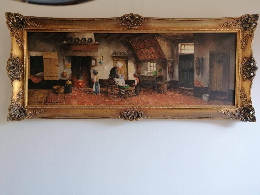 schilderij getiteld Bij het haardvuur  Han Molenaar, Ophalen