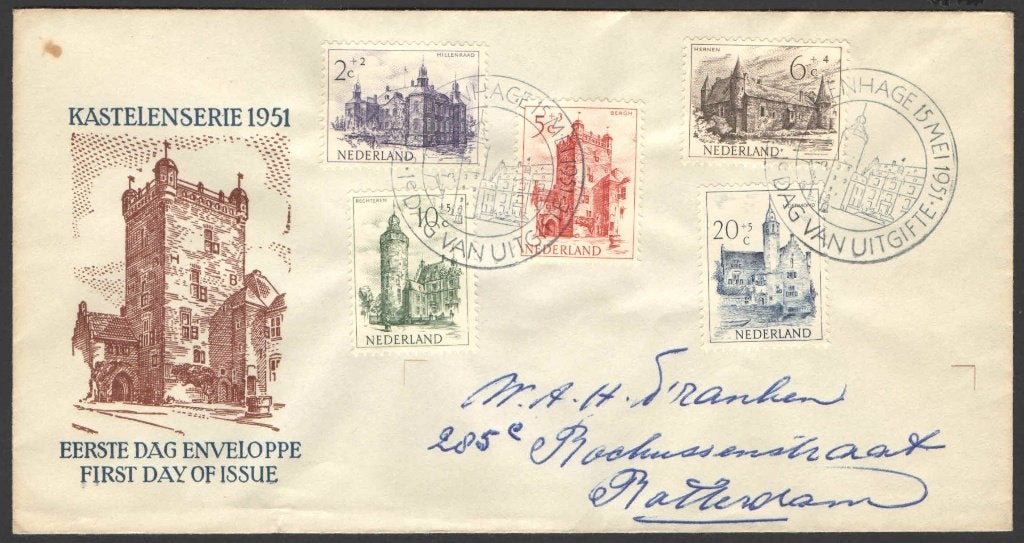 Nederland FDC E5 Met Adres, Kastelen 1951, Postzegels en Munten, Ophalen of Verzenden, Beschreven, Nederland