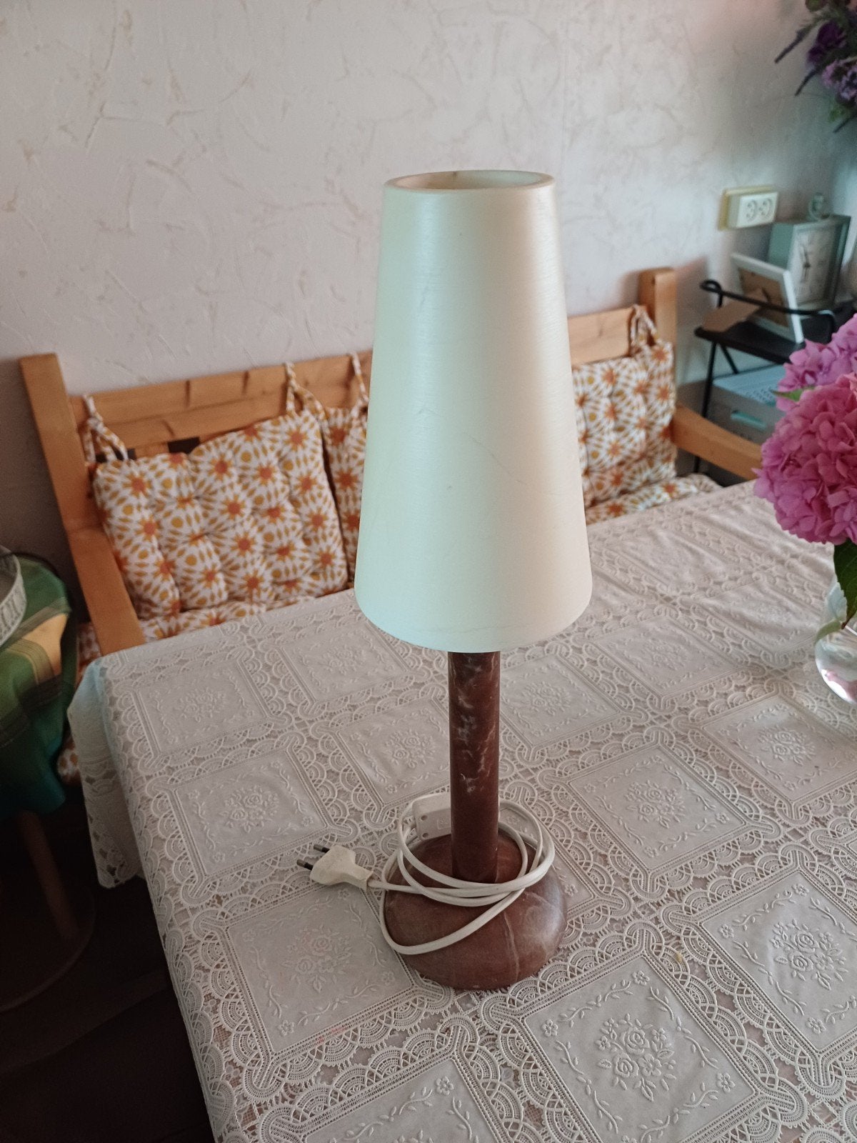 Vintage Marmeren Tafellamp - Bruin/Beige, Huis en Inrichting, Ophalen, Gebruikt, Met kap, E27 (groot)