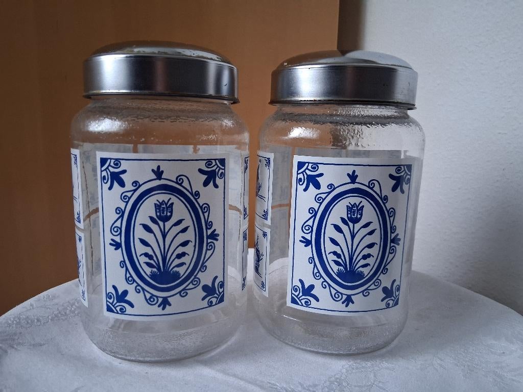 Vintage voorraadpotten blauw tegeldecor *eureka*, Ophalen of Verzenden, Voorraadpot, Overige merken, Glas