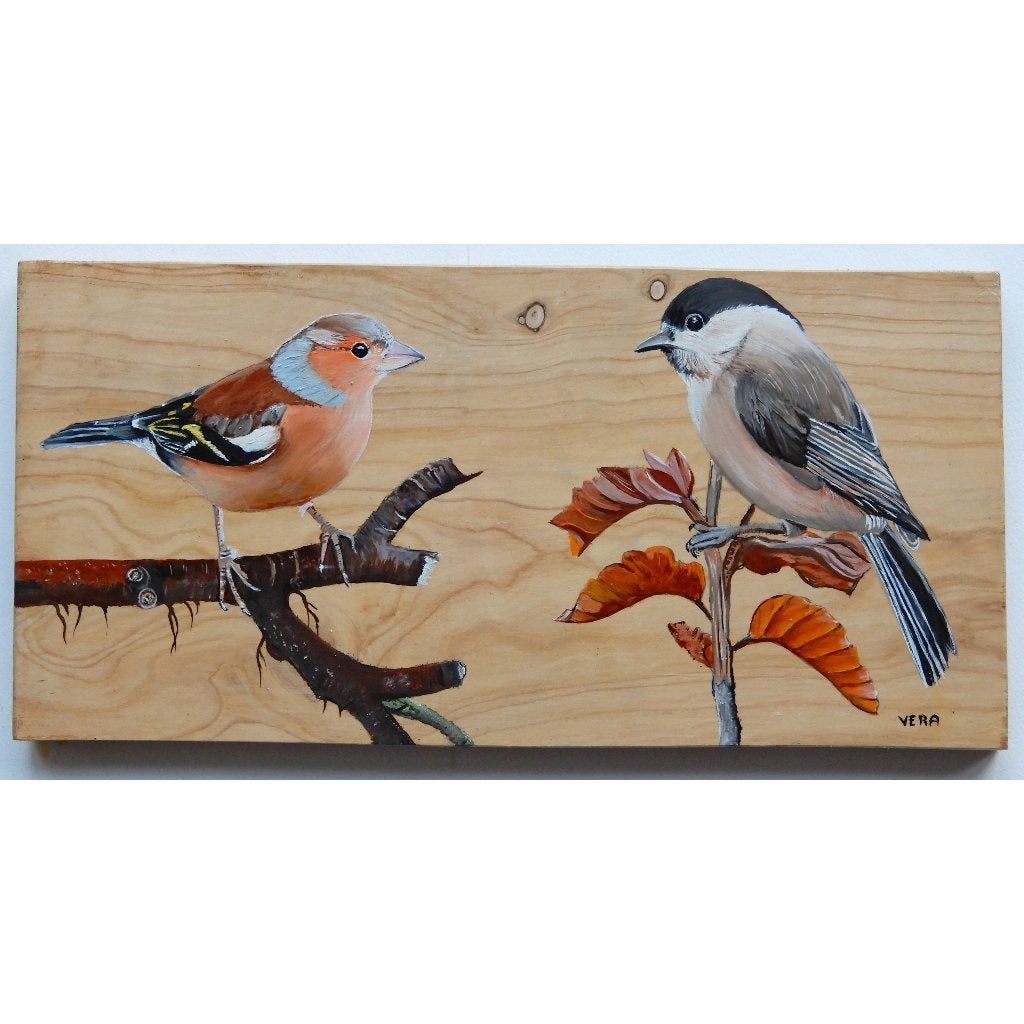 Schilderij vink en glanskopje op hout voor huis of tuin, Tuin en Terras, Tuinwanddecoratie, Ophalen of Verzenden, Nieuw