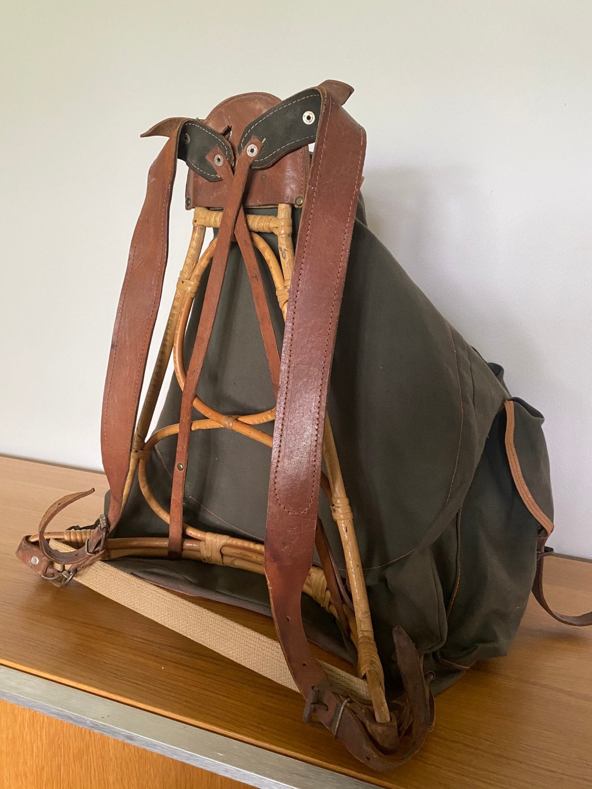 Rugzak met bamboe, leder, canvas, vintage, Antiek en Kunst, Ophalen