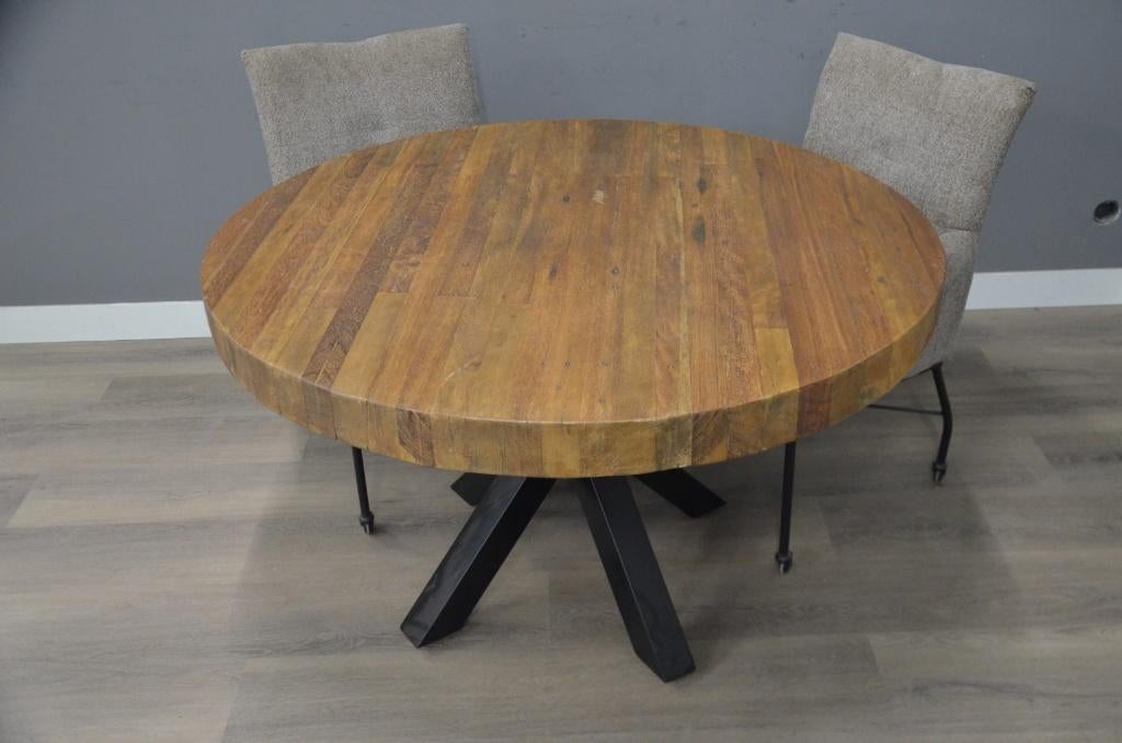 Ronde eettafel teak blad 130 en140 cm 9 cm dik!, Huis en Inrichting, Verzenden, Rond, Nieuw, Metaal