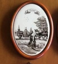 Ovale vintage wanddecoratie 'Zomer' in houten lijst, Gebruikt, Steen/keramiek, Ophalen of Verzenden, Meerkleurig