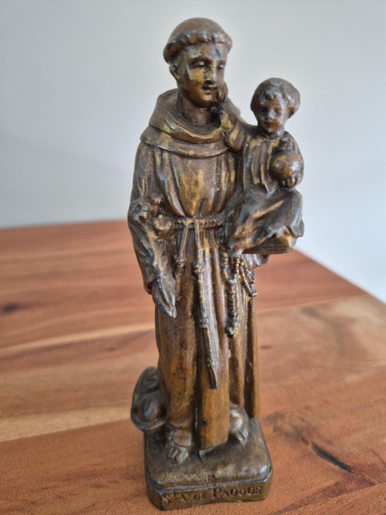 Koperen beeldje Heilige Antonius met kind, Antiek en Kunst, Ophalen of Verzenden