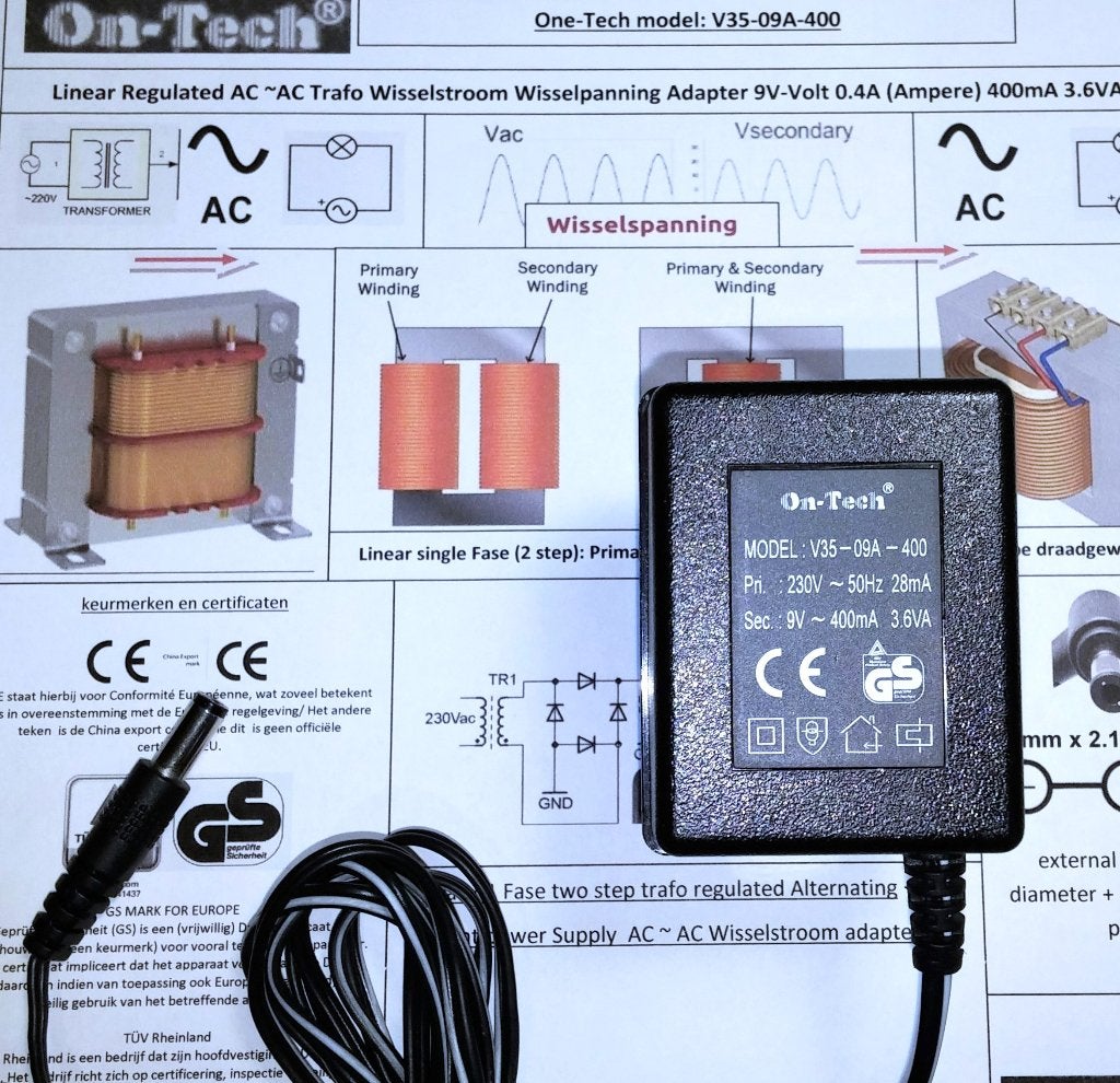 One-Tech V35-09A-400 AC~AC Adapter 9V 400mA Wisselspanning, Ophalen of Verzenden, Zo goed als nieuw