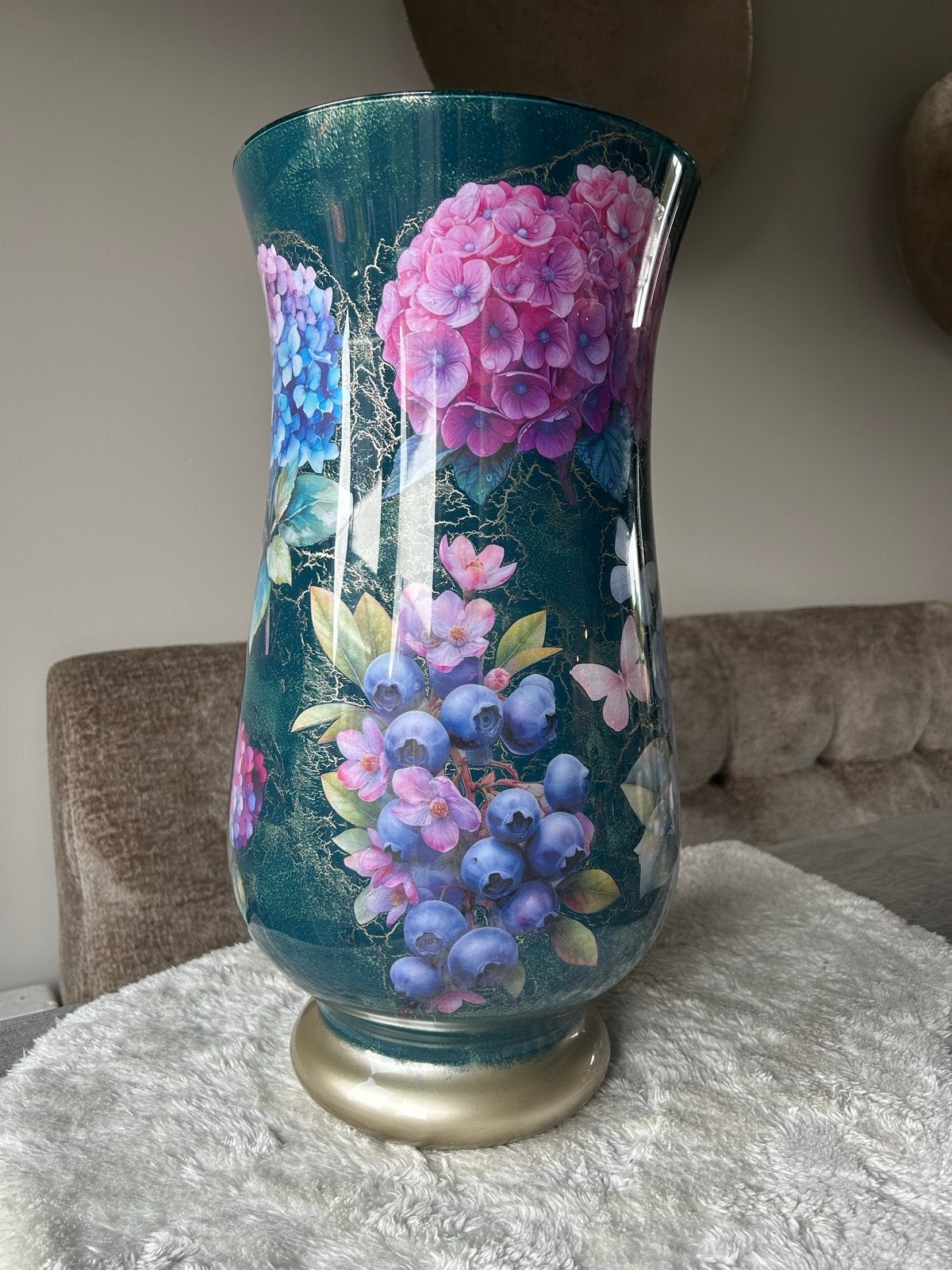 Grote Reverse Decoupage Vaas met Hortensia's - 50 cm, Huis en Inrichting, Meerkleurig, Nieuw, Ophalen of Verzenden, Glas
