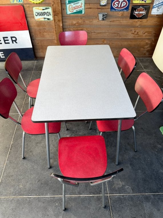 Originele Formica eethoek Goirle jaren 60 – 6stoelen + tafel, Ophalen, Overige materialen, Gebruikt, 100 tot 150 cm