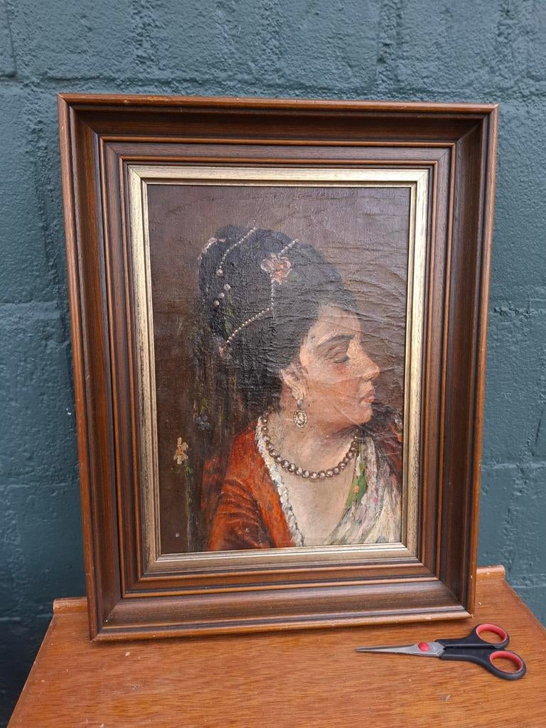 Oud portretschilderij – Vrouw met sieraden – Olieverf, Ophalen