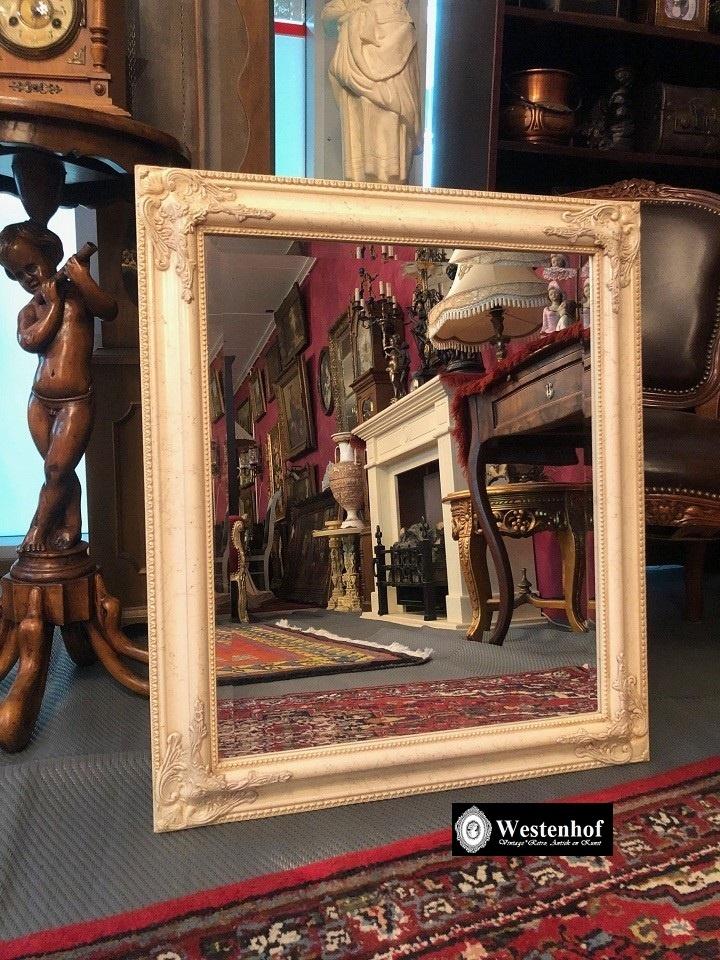 Brocante spiegel klassiek vintage - rechthoek - wit / crème, Gebruikt, Ophalen of Verzenden, Minder dan 100 cm, Rechthoekig