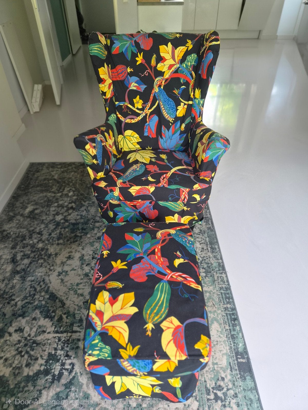 IKEA STRANDMON fauteuil met voetenbank - Geel met hoes, Huis en Inrichting, Fauteuils, Ophalen, Gebruikt, Modern, Klassiek, Comfort