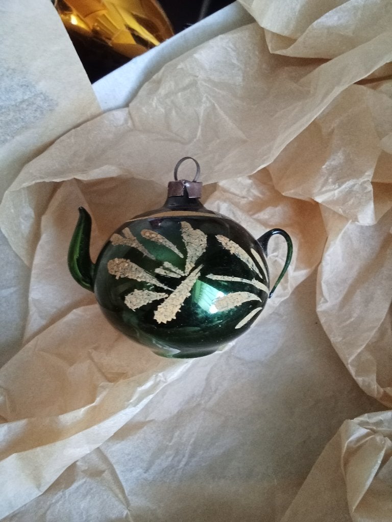 fraaie antieke glazen kerstbal model groen theepotje, Diversen, Ophalen of Verzenden, Gebruikt