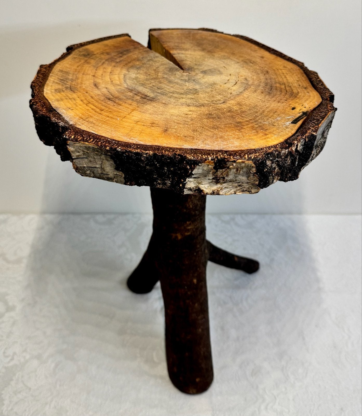 Unieke handgemaakte bijzettafel  / plantentafel van boomstam, Ophalen of Verzenden, Zo goed als nieuw, Hout