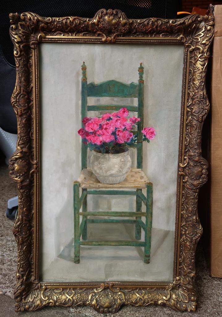 ~1930 Stilleven met bloemen op  een stoel, olieverf op doek, Ophalen of Verzenden