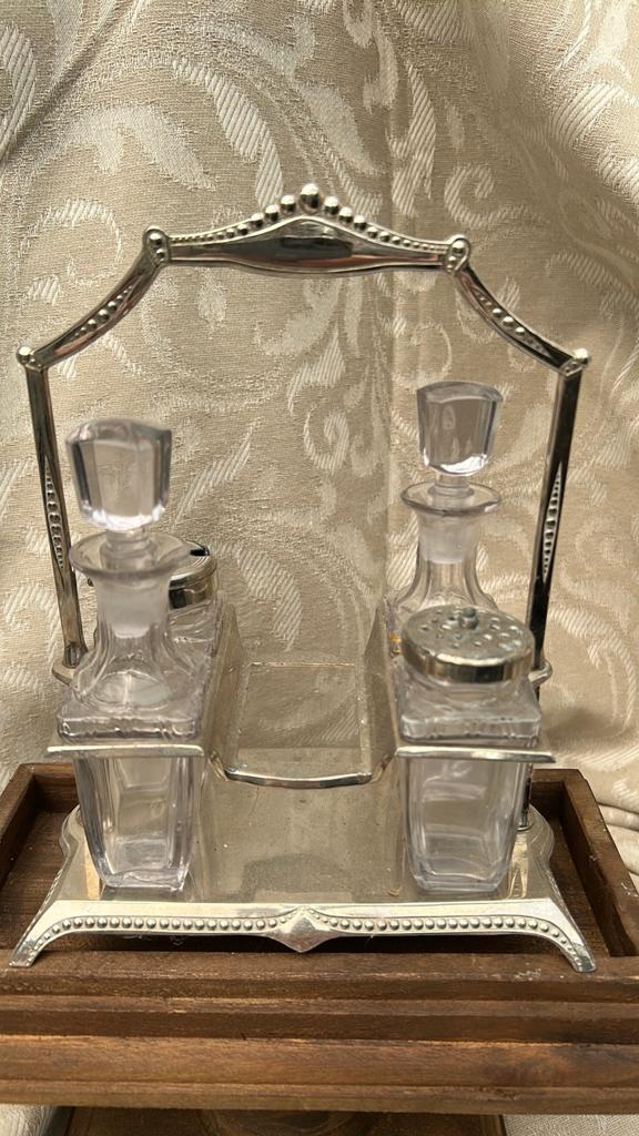 Vintage olie azijn mosterd zout ed setje, glas metaal, Antiek en Kunst, Ophalen of Verzenden