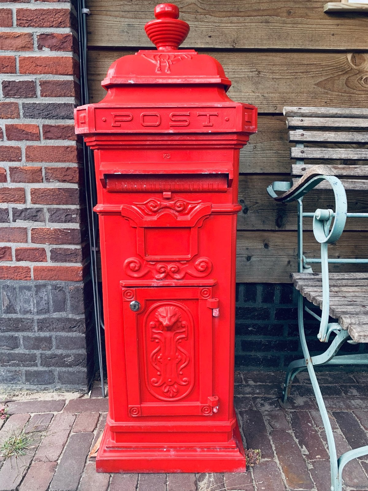 Antieke Gietijzeren Staande Brievenbus - Rood, Ophalen, Gebruikt, IJzer, Staande brievenbus