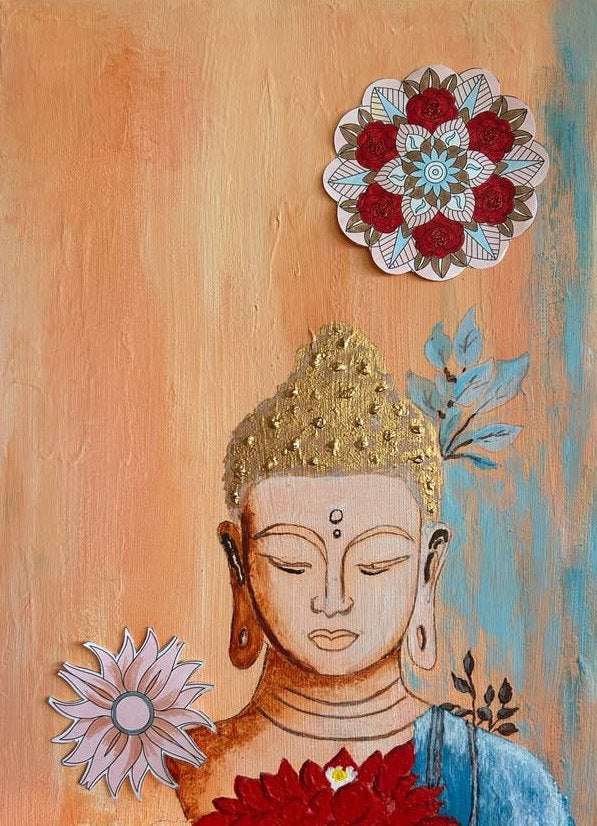 Boeddha schilderijen met bloemen en mandala, Acrylverf, Overige stijlen, Doek, Ophalen of Verzenden
