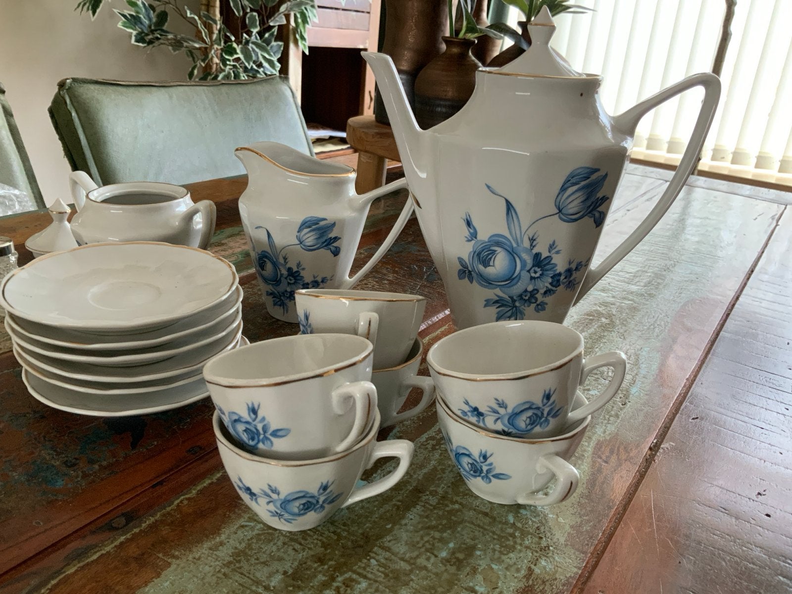 Vintage porseleinen kinder theeservies met blauw bloemmotief, Ophalen of Verzenden