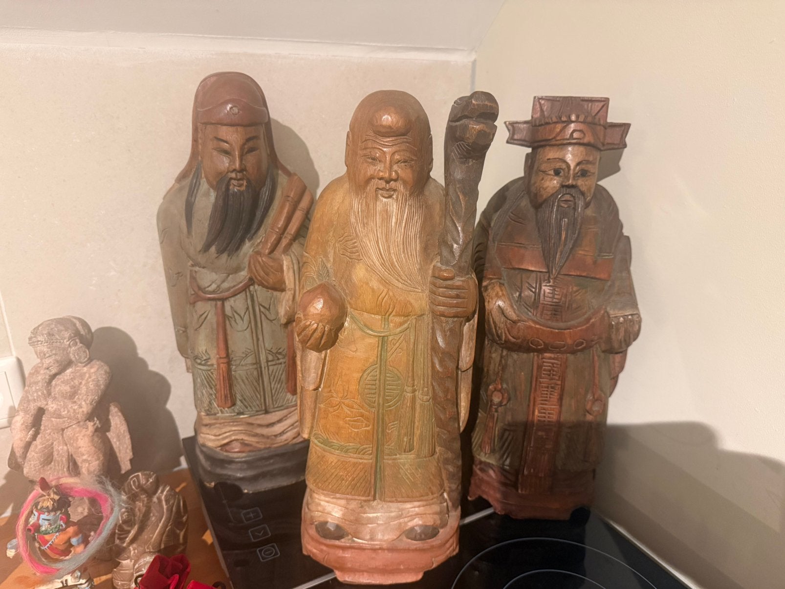 Complete set van de Sanxing 3 houten beelden 44 cm h, Antiek en Kunst, Ophalen of Verzenden, 20 - 50 cm, Beeld, Hout