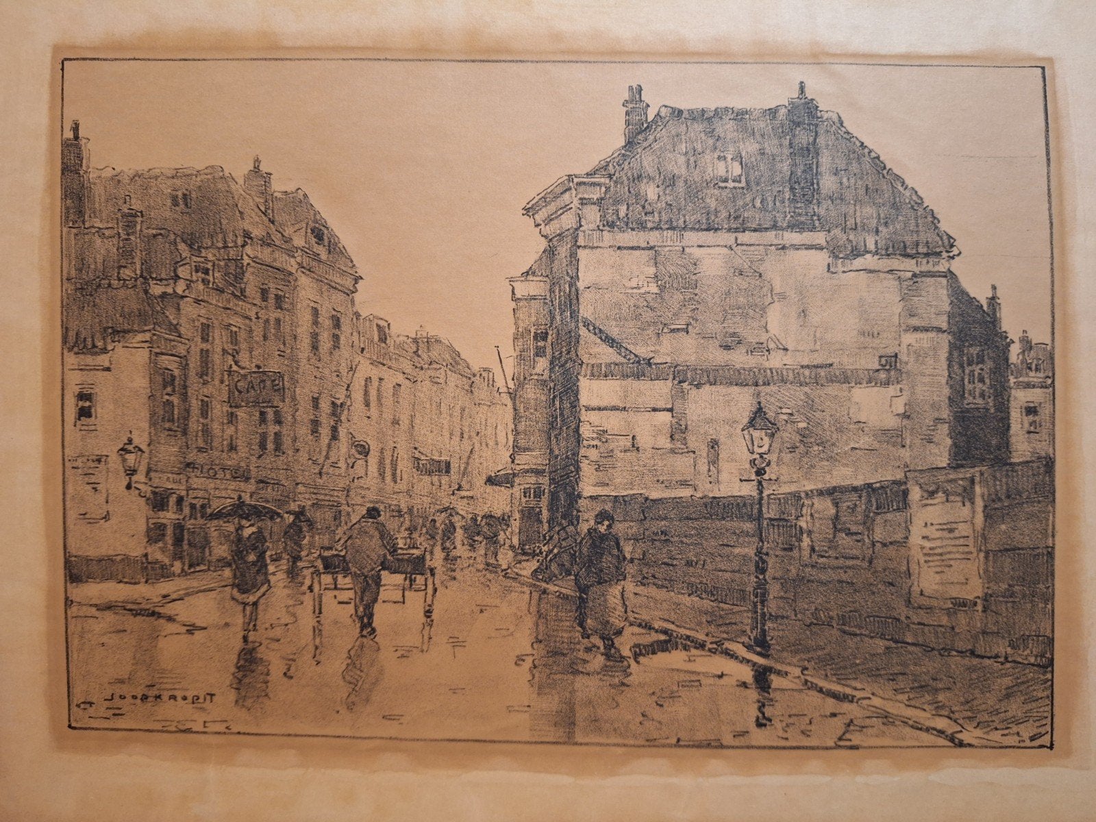 Lithografie Den Haag van Joop Kropff, Gesigneerd, Ophalen of Verzenden, Landschappen, Lithografie