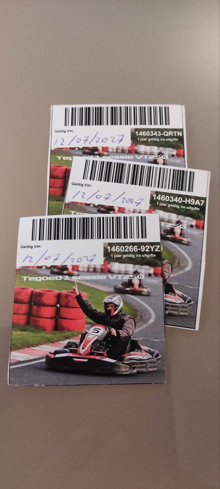 Drie toegangskaarten kartbaan Lelystad 75 euro, Ophalen, Plaatje