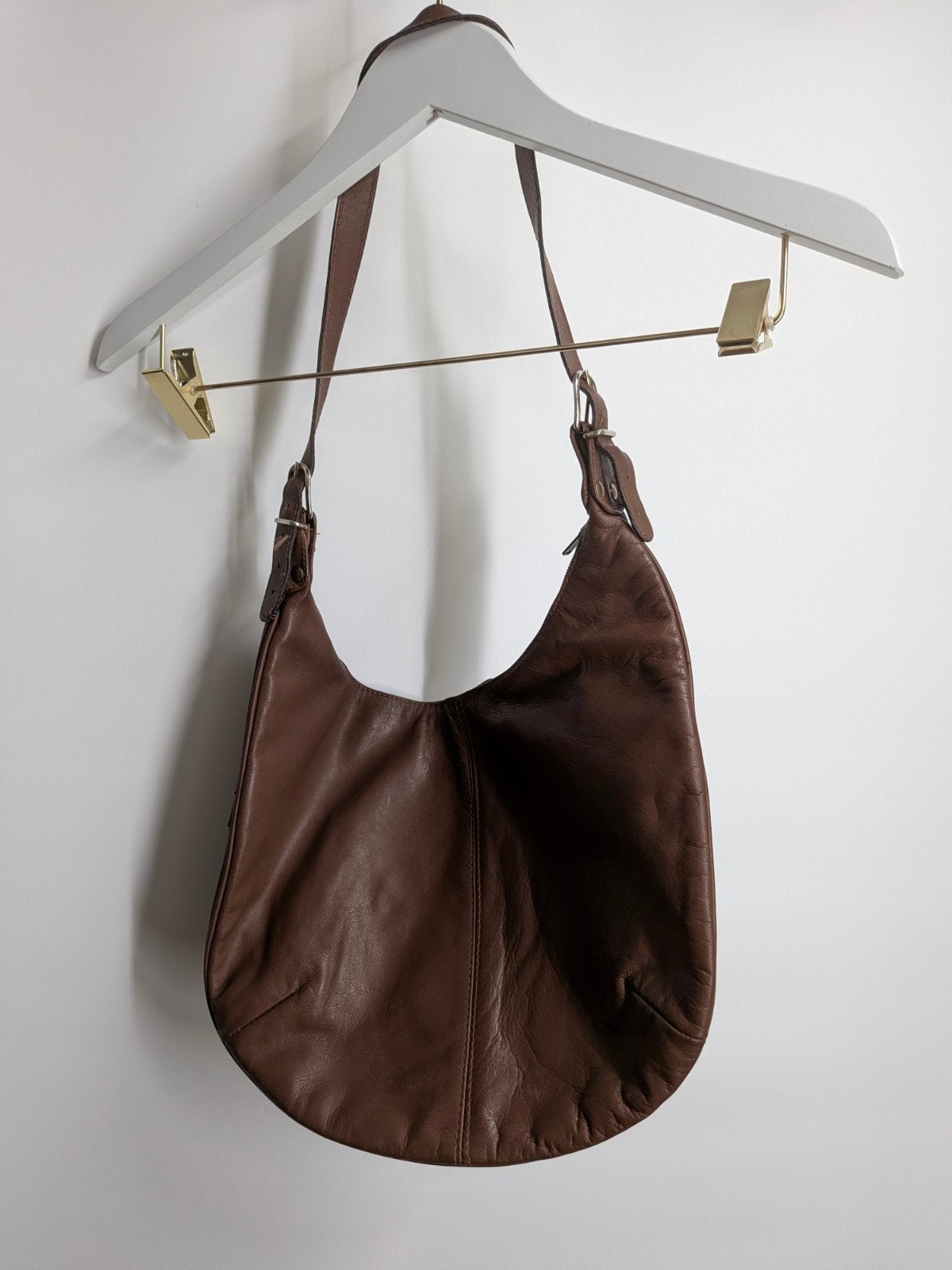 Vintage bruine leren schoudertas | Hobo bag | Boho tas, Gebruikt, P&g, Bruin, Ophalen of Verzenden